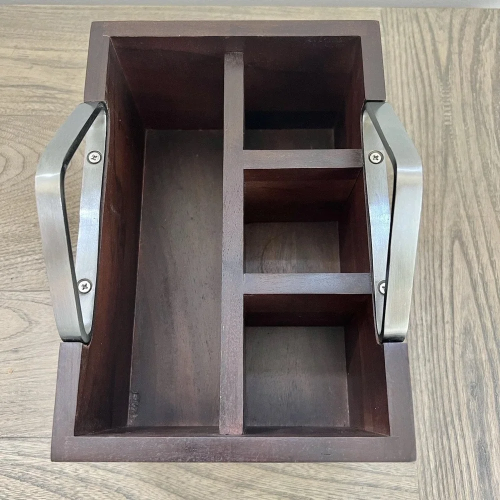 Crate And Barrel Boyd Acacia Wood Flatware Caddy Lacquer Finish Stainless Steel